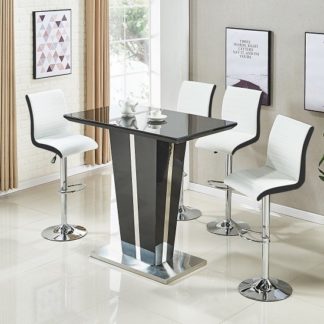 An Image of Memphis Glass Bar Table High Gloss Black 4 Ritz White Stools