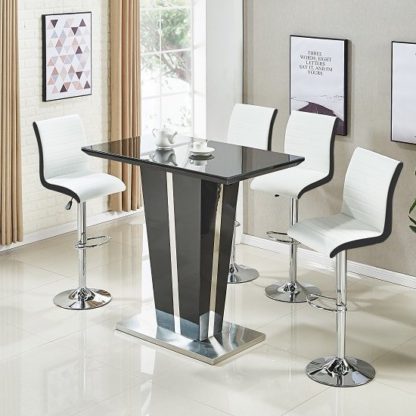 d659936d39cb9fcd2a8cb1d88fa427bb2dac42dc2186464e0c8e0f9177a8a3a0.jpg An Image of Memphis Glass Bar Table High Gloss Black 4 Ritz White Stools