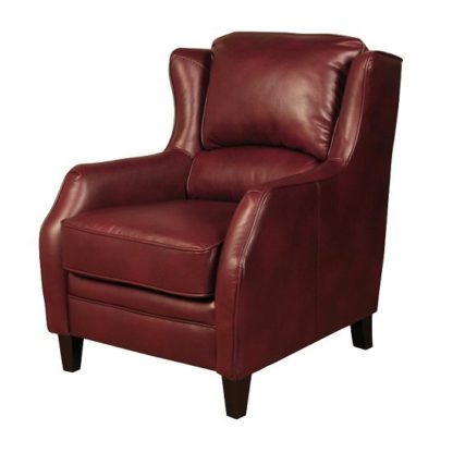 An Image of Halton ArmChair In Burgundy Leather Look Fabric With Wooden Legs