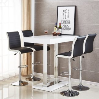 An Image of Caprice Bar Table In White High Gloss With 4 Ritz Black Stools