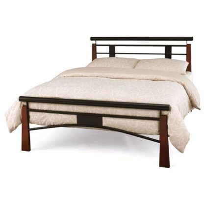 d7bcdb6af892b5ae0af43ed35ab7d6f3c9be9a69fa9f52857e28649fa51f6cdf.jpg An Image of Armstrong Metal King Size Bed In Black With Oak Posts