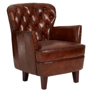 An Image of Sadalmelik Leather Button Back Armchair In Mocha Brown