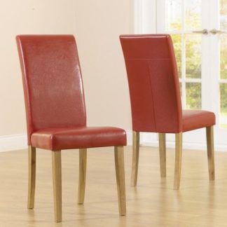 An Image of Cepheus Red Faux Leather And Solid Oak Dining Chairs In Pairs