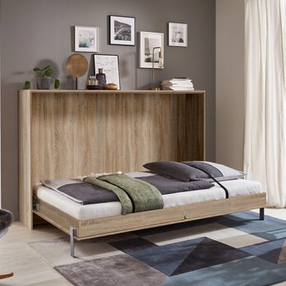 d8e2ff9fa976c8559a5675c907718a214262fb62a68d6c30b4d05653793471fd.jpg An Image of Juist Wooden Horizontal Foldaway King Size Bed In Planked Oak