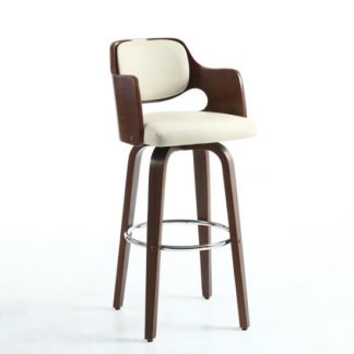 An Image of Mcgill Bar Stool In Cream PU And Walnut With Chrome Foot Rest