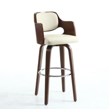 d902f2901648b1bd407d157bc34f50a0c18e20e7732aa88cf58ce693c9b04e87.jpg An Image of Mcgill Bar Stool In Cream PU And Walnut With Chrome Foot Rest