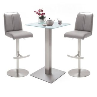 An Image of Soho White Glass Bar Table With 2 Giulia Ice Grey Leather Stools