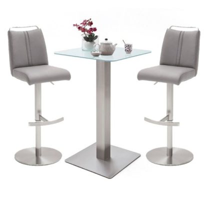 d9e0afb2b075e1d8b2a02537b2a1dcb5b6987b307ec123e9439a6fc0bffc9d45.jpg An Image of Soho White Glass Bar Table With 2 Giulia Ice Grey Leather Stools