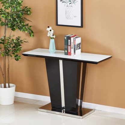 An Image of Memphis Glass Console Table In White With Black High Gloss