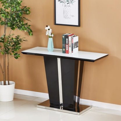 db0230460422028bb5c567dd5c3488edae42e2b27e6075030f0a7ff5d3061076.jpg An Image of Memphis Glass Console Table In White With Black High Gloss