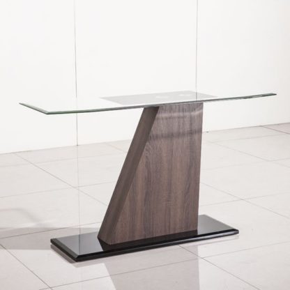 db0eb2b77a526baaa82fe9c18969de582b73abe4971e995bea48f373d3771a9e.jpg An Image of Fabrize Console Table In Glass Top With Walnut And Black Gloss