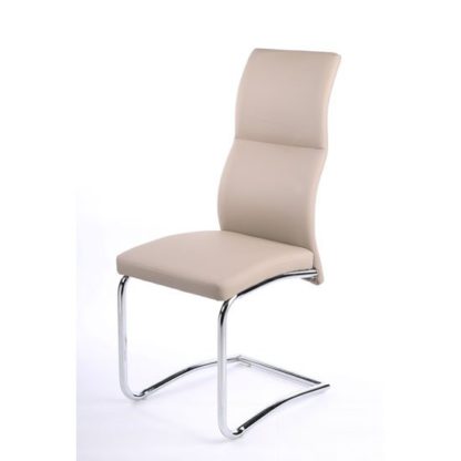 db80c097471af60b7ffdd5c7483df32881a60aec57a27814ecd23356dd325893.jpg An Image of Palma Dining Chair In Taupe Faux Leather With Chrome Base
