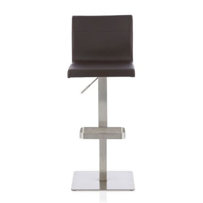 dba54d3875ce4543ff7ab8d95328f2a7687ddfb41712b3803f5c51a8d14037ec.jpg An Image of Tenzo Bar Stool In Brown Faux Leather And Stainless Steel Base