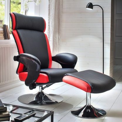 An Image of Liam Reclining Chair In Black And Red Faux Leather With Stool