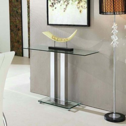 dd4ec6e418b17af32eea3585195d3ec047fa9cef333634942d785a36e778efb9.jpg An Image of Jet Trendy Console Table Rectangular In Clear Glass
