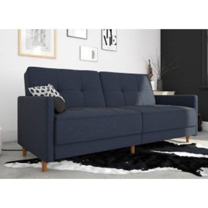 An Image of Andora Leather Sprung Sofa Bed In Blue Linen With Wooden Legs