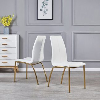 An Image of Opal Dining Chair In White Faux Leather With Brushed Gold Base