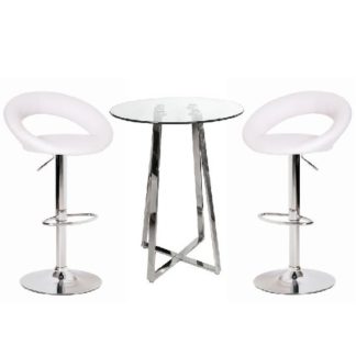 An Image of Poseur Glass Top Bar Table with 2 Leoni White Bar Stools