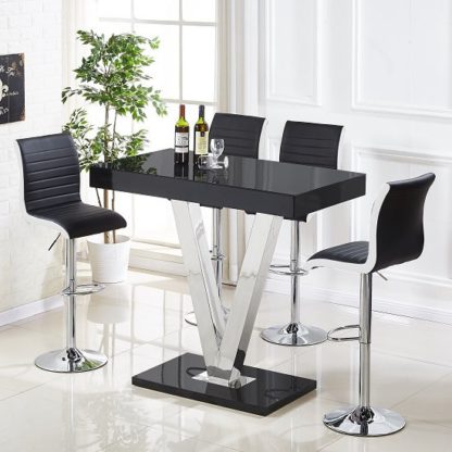 An Image of Vienna Glass Bar Table In Black Gloss And 4 Ritz Bar Stools