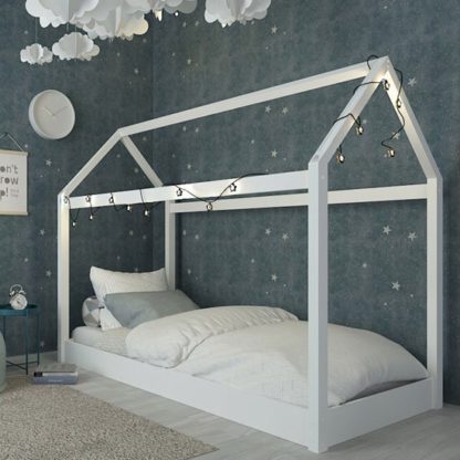 An Image of Hickory Wooden Single House Bed In White