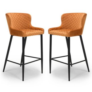 An Image of Malmo Orange Velvet Fabric Bar Stool In Pair With Metal Base
