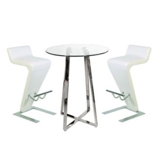 An Image of Poseur Bar Table In Clear Glass With 2 Farello White Bar Stools