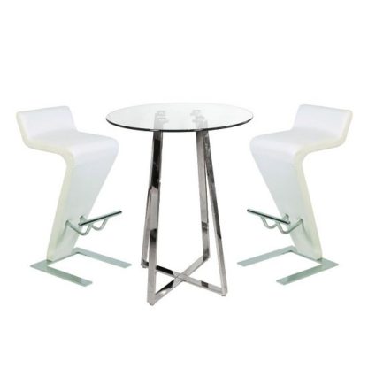 e2aa3e060b8b64c466078870e5a8fdb4ef16f2fa84a0a6c9f090419ac6bef018.jpg An Image of Poseur Bar Table In Clear Glass With 2 Farello White Bar Stools