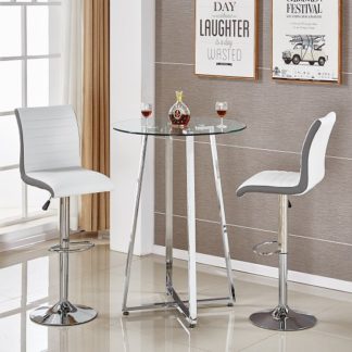 An Image of Poseur Glass Bar Table With 2 Ritz White And Grey Bar Stools