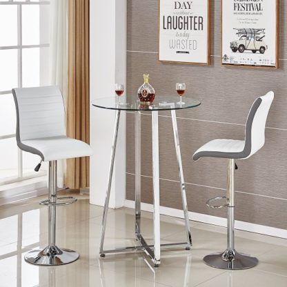 An Image of Poseur Glass Bar Table With 2 Ritz White And Grey Bar Stools