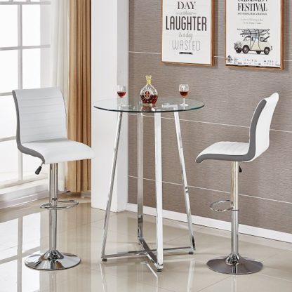 e3e0670913bea0c906e53645218d704a3692bde65e08a3883f52f1bfcc10f143.jpg An Image of Poseur Glass Bar Table With 2 Ritz White And Grey Bar Stools
