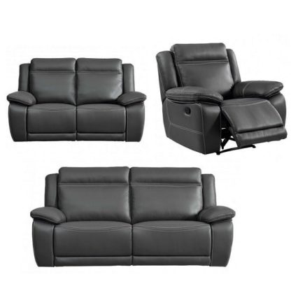 e3f227a12210c51f420204331e2075ae8849c8fa8389dec9c20bc274c749cba7.jpg An Image of Baxter Recliner Sofa Suite In Dark Grey Leather Air Fabric