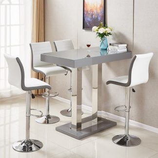 An Image of Caprice Glass Bar Table In Grey Gloss With 4 Ritz White Stools