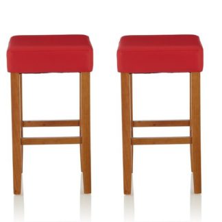 An Image of Newark Bar Stools In Red PU And Oak Legs In A Pair
