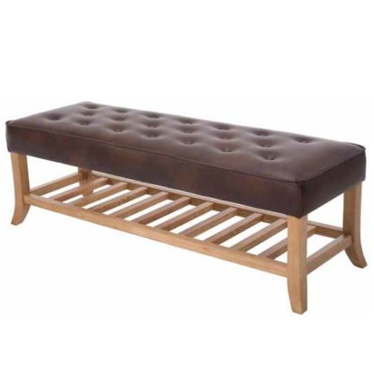 e6f87b211d38e63cacf82f85119fcdaae864b36797810367bea25500a9d3af5f.jpg An Image of Princeton Dining Bench In Tan Faux Leather With Wooden Legs