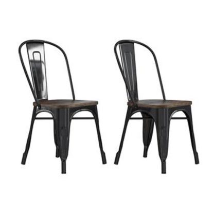 An Image of Fusion Black Metal Dining Chairs In Pair With Wood Seat
