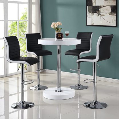 e74f64cf4b70dd0d10de4eaa5ee5bfa7d8187661b4037b564aa38f5c7d5c81bf.jpg An Image of Havana Bar Table In White With 4 Ritz Black And White Bar Stools