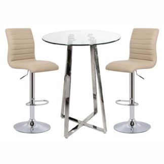 An Image of Poseur Bar Table In Clear Glass With 2 Ripple Stone Bar Stools