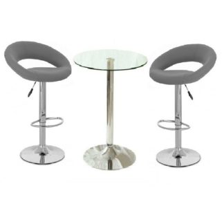 An Image of Gino Glass Bar Table And 2 Leoni Bar Stools In Charcoal Grey