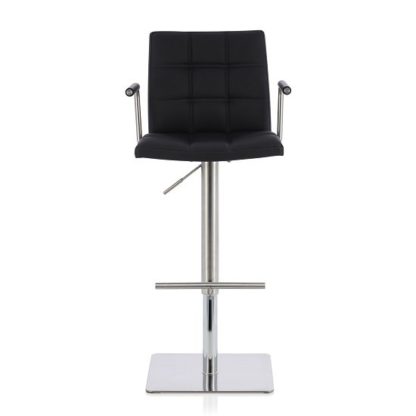 An Image of Deloris Bar Stool In Black Faux Leather And Stainless Steel Base