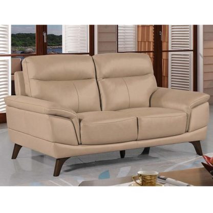 An Image of Watham 3 Seater Sofa In Taupe Faux Leather With Wooden Legs