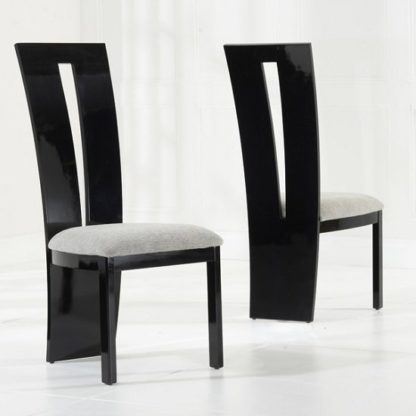 e9e46edf1cbb1130d89c503af2966f24f64ecb6cc766402762fddec5bc72ceb5.jpg An Image of Ophelia Dining Chair In Black Gloss And Grey Fabric In A Pair
