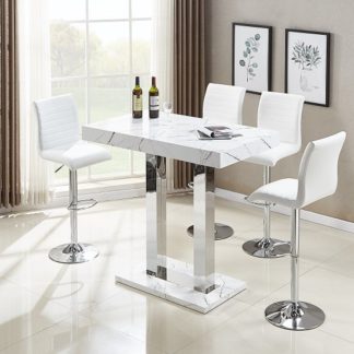 An Image of Vida Bar Table In Glossy Marble Finish 4 Ripple White Stools