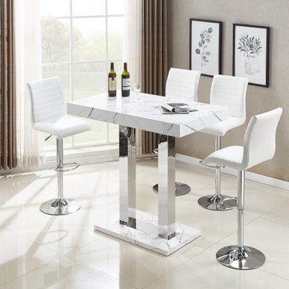 e9e777dc16d6c5b0118db550ae0de6df32f6037c9a1571852f5c5de6c902ee15.jpg An Image of Vida Bar Table In Glossy Marble Finish 4 Ripple White Stools