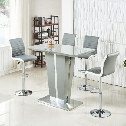 An Image of Memphis Glass Bar Table In High Gloss Grey And 4 Ritz Stools