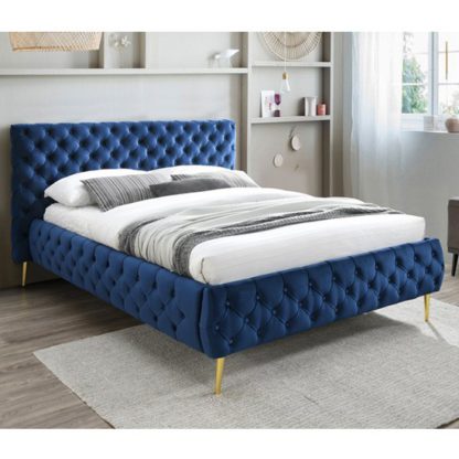 An Image of Tiffany Velvet Upholstered Double Bed In Blue