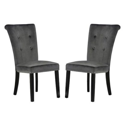 An Image of Wodan Velvet Dining Chair In Grey With Black Legs In A Pair