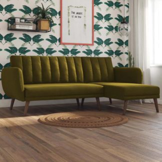 An Image of Brittany Linen Sectional Sofa Bed In Green With Wooden Legs