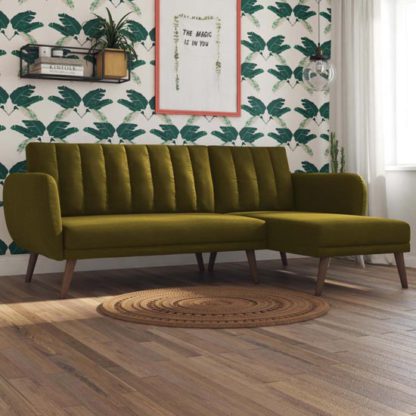 eb80790dd5263e6b5079fb14f9c8e3df5c87389fcb3b51fd00dba2404566bb23.jpg An Image of Brittany Linen Sectional Sofa Bed In Green With Wooden Legs