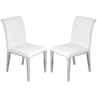 An Image of Kirkland White Leather Dining Chairs In Pair With Chrome Legs