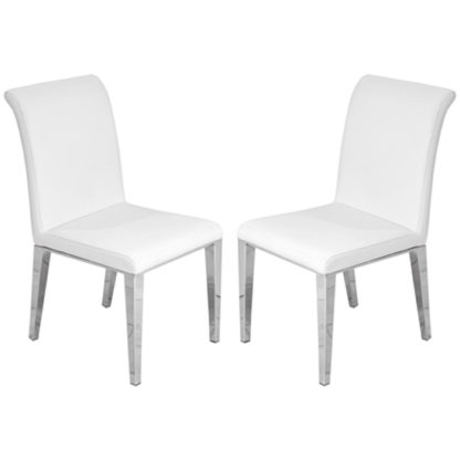 ebcdc0fc622ba79598e5b85392328c6c0fb0642738944c1488a6567c6be27cb4.jpg An Image of Kirkland White Leather Dining Chairs In Pair With Chrome Legs